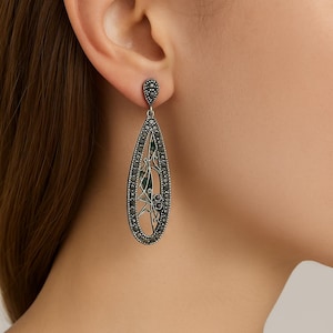 Art Deco Ruby and Marcasite Drop Earrings 925 Sterling Silver Vintage Style Dangle Earrings Antique Inspired Statement Jewelry Gif