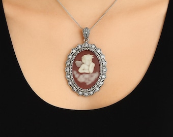 Vintage Style Cameo Pendant Necklace, Sterling Silver Plated, Marcasite & CZ Accents