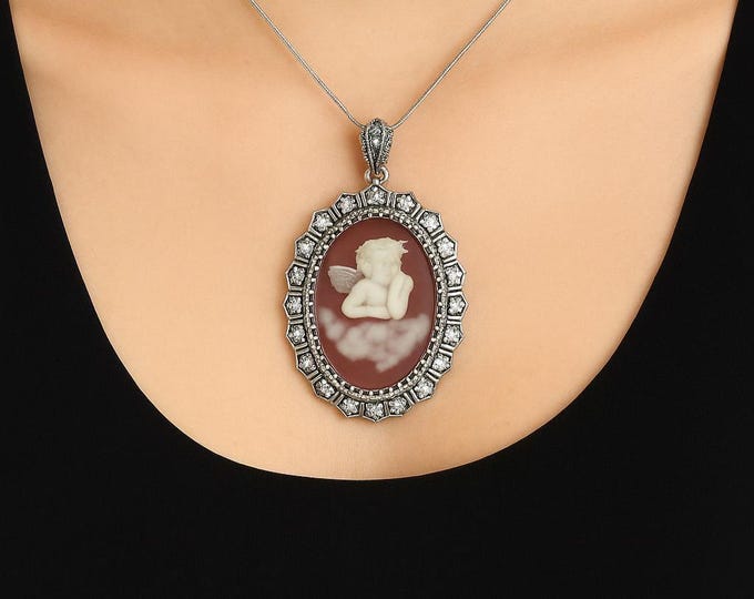 Vintage Style Silver Plated Cameo Pendant Necklace Oval Lady Profile with Marcasite and CZ Accents Victorian Inspired Statement Jewelry