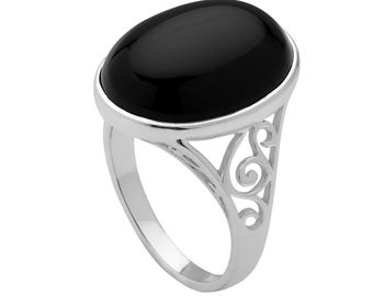 May include: A silver ring featuring a large, oval-shaped black stone. The ring has a decorative filigree design on the sides of the band. The stone is set in a polished silver bezel.
