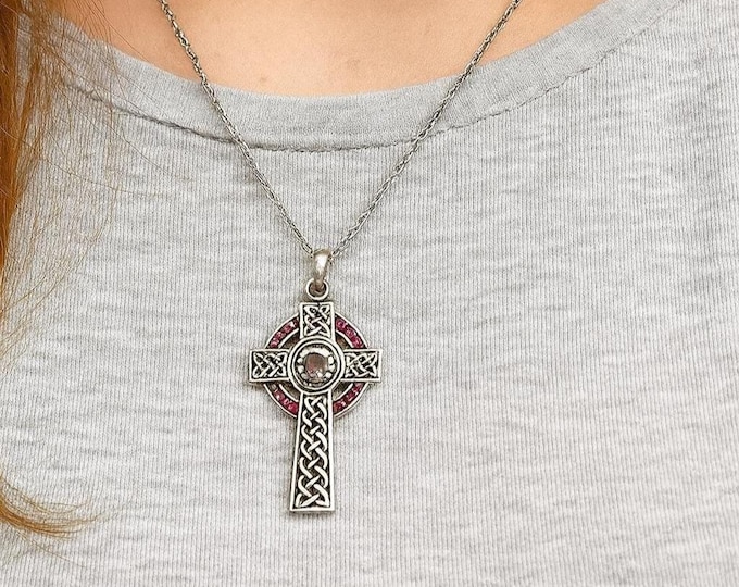 Celtic Style Claddagh Cross with Ruby Pendant 925 Sterling Silver