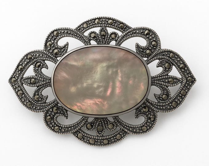 Vintage Style 925 Sterling Silver Marcasite Brooch with Mother of Pearl Gemstone Art Deco Inspired Statement Pin Jewelry Gift