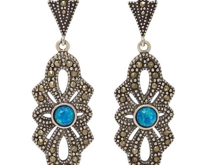 Vintage Art Deco Sterling Silver Opal Drop Earrings, Marcasite Filigree Dangle Earrings, 925 Silver Statement Jewelry Gift for Her