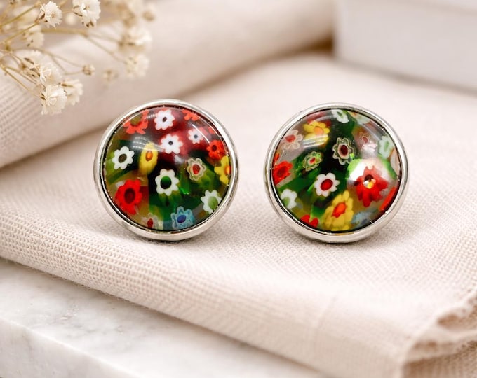 Millefiori Round Stud Earrings 925 Sterling Silver