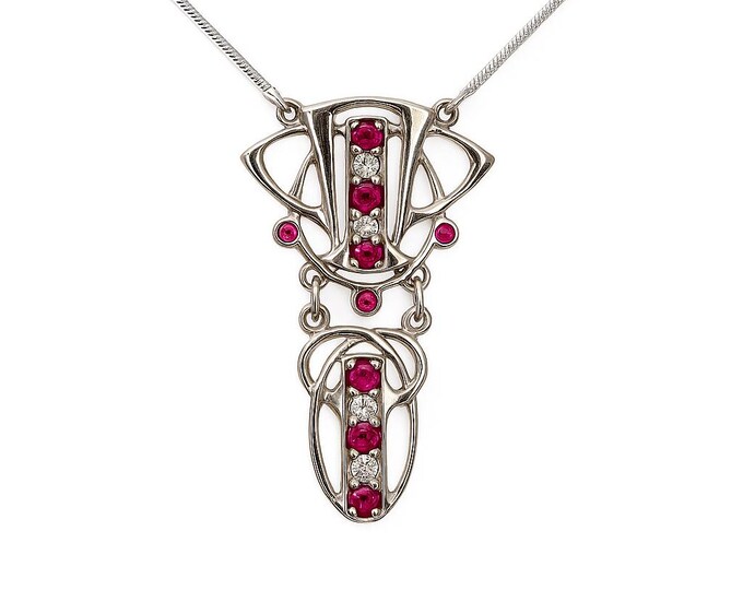 Art Nouveau Inspired Ruby and Emerald Necklace 925 Sterling Silver Hallmarked