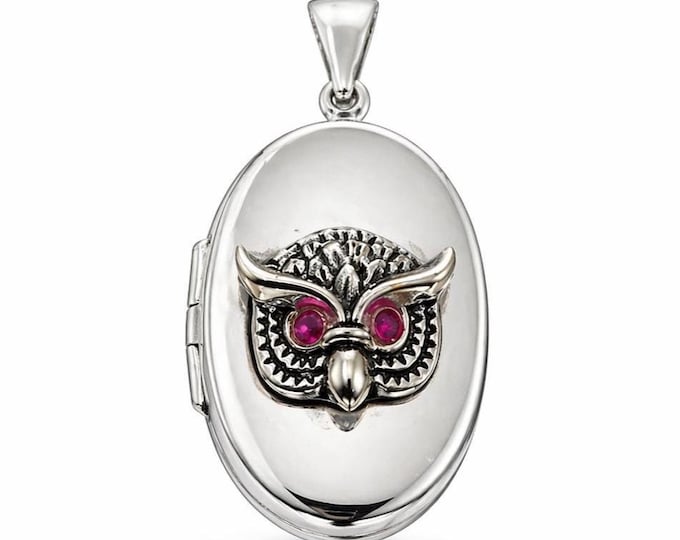 925 Silver Plate Ruby Owl Locket Pendant, Engraved Owl Necklace