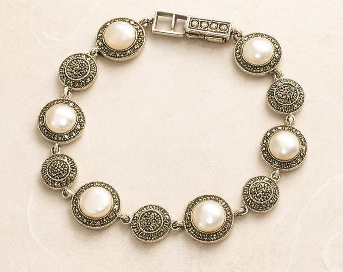 Art Deco Sterling Silver Bracelet: Mother of Pearl & Marcasite