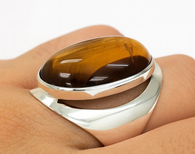 925 Sterling Silver Tiger’s Eye Ring Natural Gemstone Statement Ring, Brown Golden Crystal Jewelry, Healing Stone Gift for Her