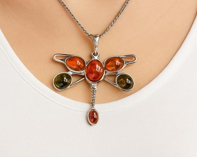 Dragonfly Amber Pendant 925 Sterling Silver