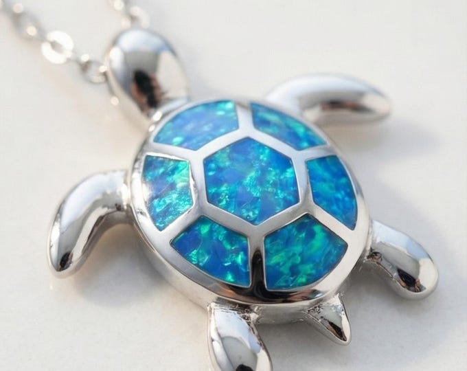 925 Sterling Silver Blue Opal Turtle Pendant Necklace Ocean Inspired Minimalist Jewelry