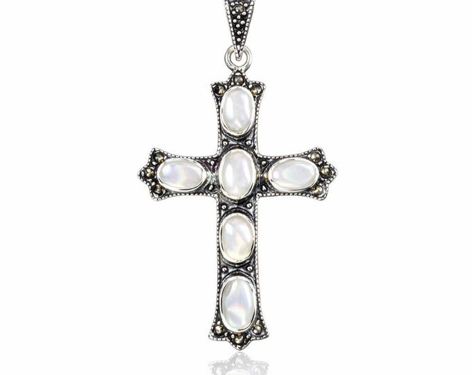 Victorian Style 925 Sterling Silver Mother of Pearl and Marcasite Cross Pendant Antique Inspired Gemstone Necklace