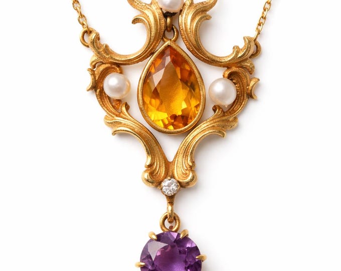 Antique Art Nouveau Yellow Gold Citrine, Amethyst, and Pearl Lavalier Necklace