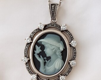 Silver Plated Cameo Pendant Necklace, Victorian Style CZ Marcasite Accent