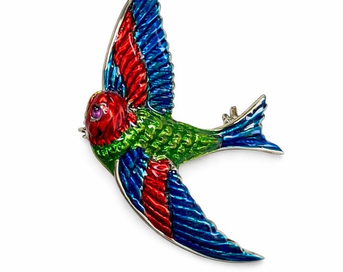 Vintage Enamel Swallow Brooch, Colorful Bird Pin, 1950s Style Flying Bird Jewelry, Retro Lapel Pin Gift