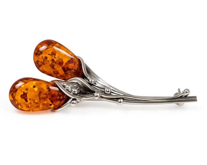 Art Nouveau Inspired Honey Amber Floral Brooch 925 Sterling Silver