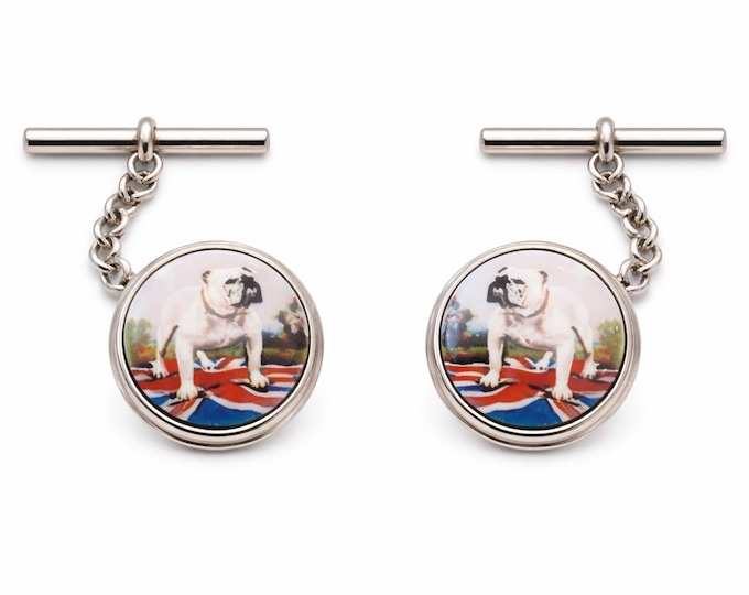 Bulldog Union Jack Cufflinks 925 Sterling Silver British Dog Cuff Links Gift for Him