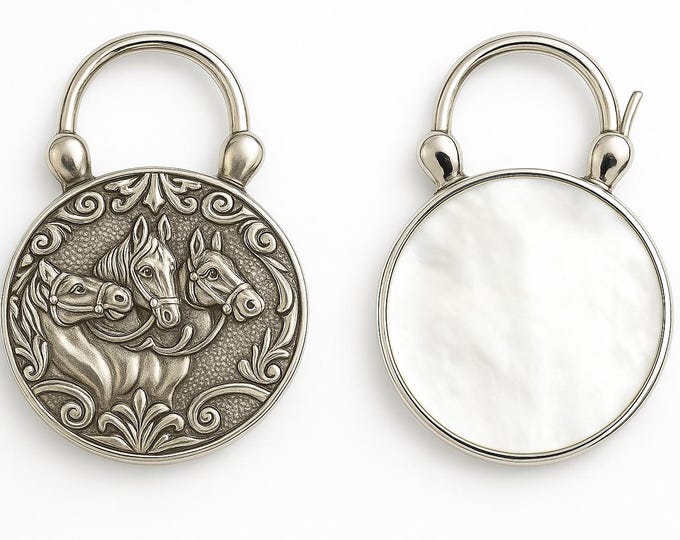 Sterling Silver Horse Padlock Double Sided Locket with Mother of Pearl & Abalone Shell Back, Equestrian Jewelry, Antique Style Gift