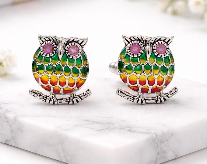 925 Sterling Silver Owl Cufflinks: Ruby & Plique-à-Jour Enamel Detail