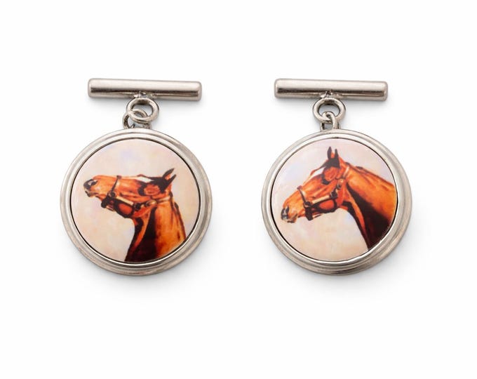 Enamel Horse Head Cufflinks 925 Sterling Silver Gift for Him
