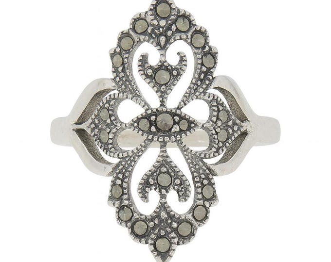 Vintage Style Sterling Silver Filigree Ring with Marcasite Accents Art Deco Statement Jewelry