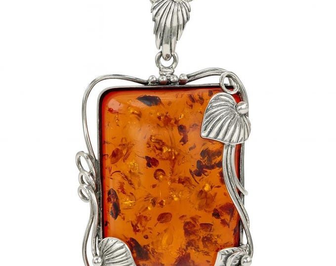 Art Nouveau Inspired Honey Amber Leaf Pendant 925 Sterling Silver