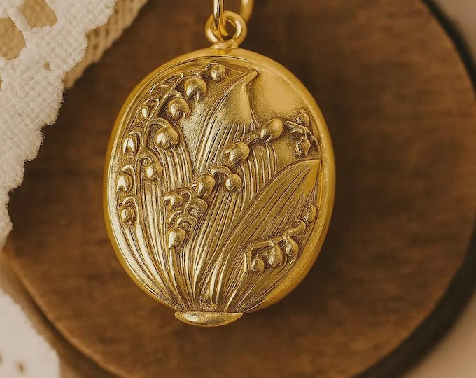 Gold Plated Art Nouveau Lily of the Valley Locket, 925 Sterling Silver