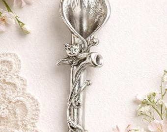 Sterling Silver Cat Tussie Mussie Brooch, Vintage Victorian Posy Holder