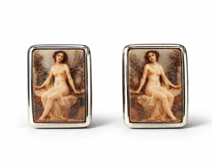Antique Erotic Enamel Cufflinks 925 Sterling Silver Hand Painted Nude Portrait, Collectible Gentleman’s Jewelry