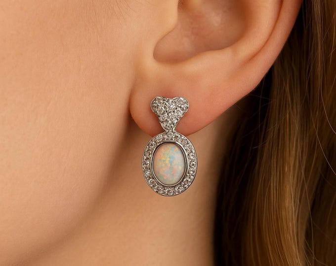 Gilson Opal Cubic Zirconia Stud Earrings 925 Sterling Silver Hallmarked
