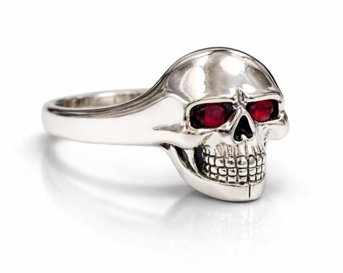 Large Skull Ruby Eyes Ring 925 Sterling Silver Hallmarked