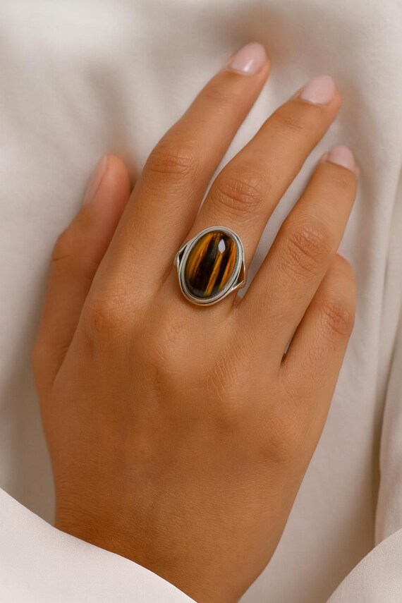 TIGER EYE STONE RING-SILVER925-タイガーアイリング 925 Sterling Silver Tiger's Eye Ring Natural Gemstone Statement