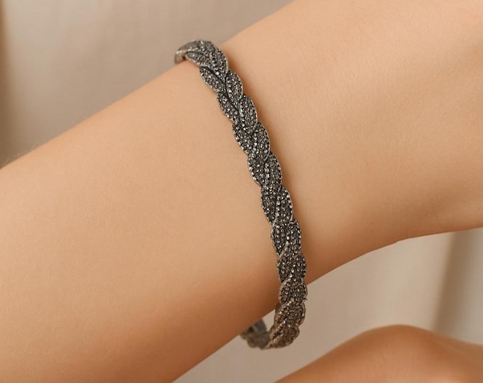 Vintage Style 925 Sterling Silver Link Bracelet with Marcasite Stones Elegant Art Deco Jewelry Gift for Her