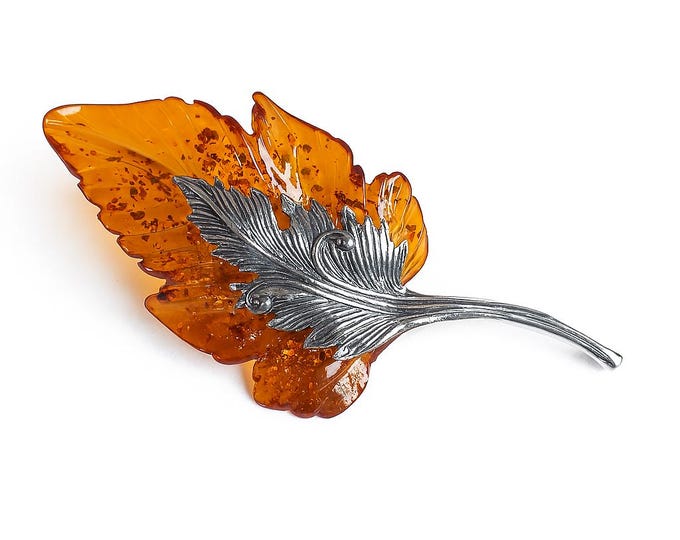 Art Nouveau Inspired Honey Amber Leaf Brooch 925 Sterling Silver