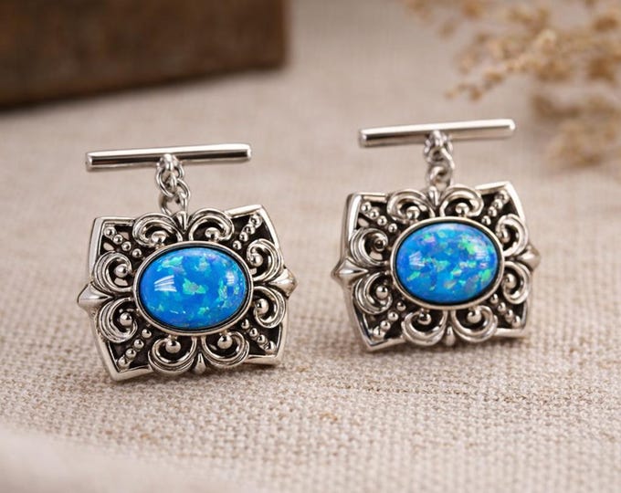 Antique Style Blue White Gilson Opal 925 Sterling Silver Cuff Links Mens Gift