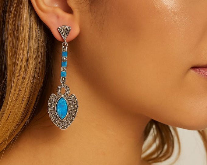 Art Deco Inspired Gilson Opal and Marcasite 925 Sterling Silver Earrings