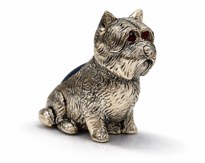 Vintage Style Silver Plated Dog Pin Cushion Collectible Sewing Notion, Terrier Figurine Pincushion, Dressmaker Gift