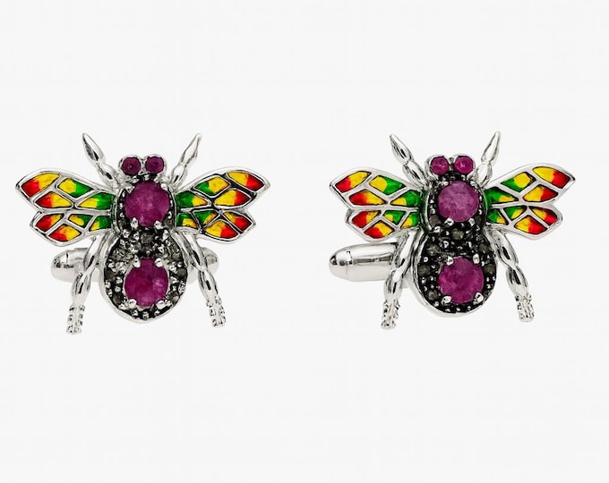 Sterling Silver Bee Cufflinks: Ruby & Plique-à-Jour Enamel Wings