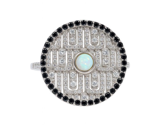 Gilson Opal and CZ Diamond Ring 925 Sterling Silver