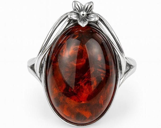 Vintage 925 Sterling Silver Floral Amber Ring Oval Gemstone Statement Jewelry Honey Amber Boho Ring for Women