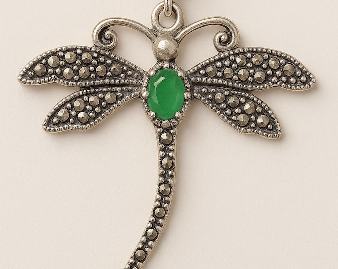 Antique Style Emerald and Marcasite Dragonfly Pendant 925 Sterling Silver Hallmarked