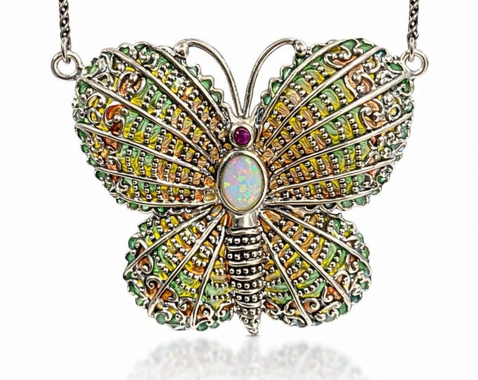 Vintage Style Butterfly Necklace 925 Sterling Silver Filigree Pendant with Opal and Ruby Art Nouveau Insect Jewelry