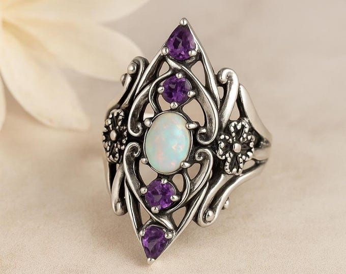 925 Sterling Silver Opal and Amethyst Art Nouveau Ring Vintage Style Statement Ring Boho Gemstone Jewelry