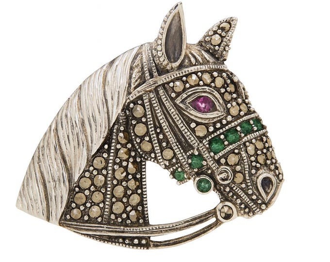 Vintage Style Horse Head Brooch 925 Sterling Silver with Marcasite, Ruby and Emerald Gemstones Equestrian Jewelry Gift for Horse Lovers