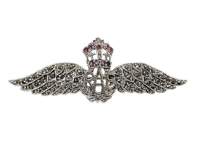 Antique Style Ruby and Marcasite RAF Brooch 925 Sterling Silver