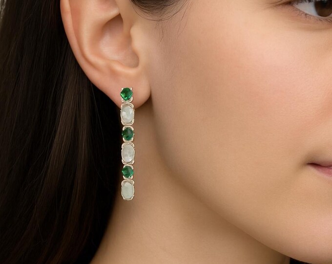 Art Deco Inspired White Gilson Opal and Emerald 925 Sterling Silver Earrings