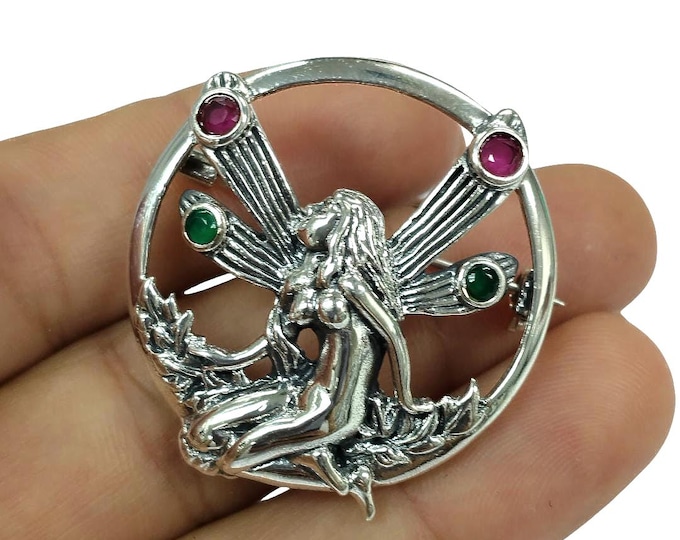Antique Style Emerald and Ruby Fairy Brooch 925 Sterling Silver