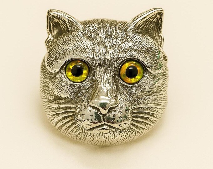 Antique Style Cat Brooch Glass Eyes Pendant Brooch 925 Sterling Silver