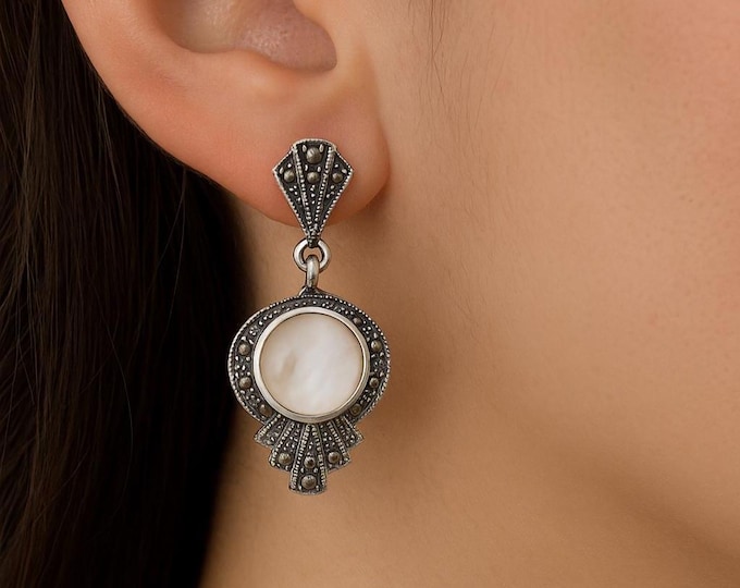 Art Deco Inspired Mother of Pearl and Marcasite 925 Sterling Silver Earrings
