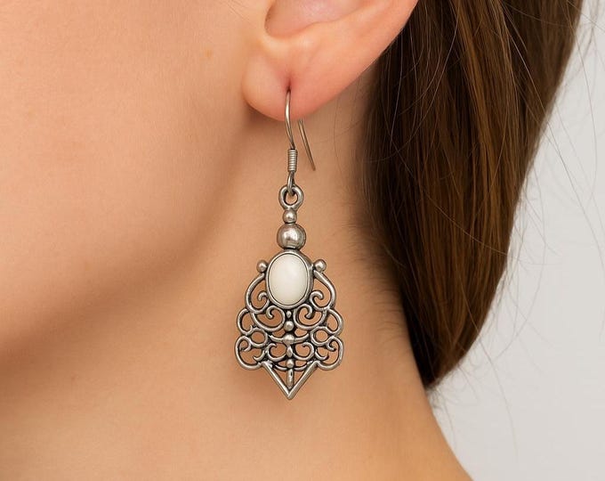 Sterling Silver Filigree Dangle Earrings with Mother of Pearl Oval Stone Vintage Inspired Drop Earrings, Boho Statement Jewelry