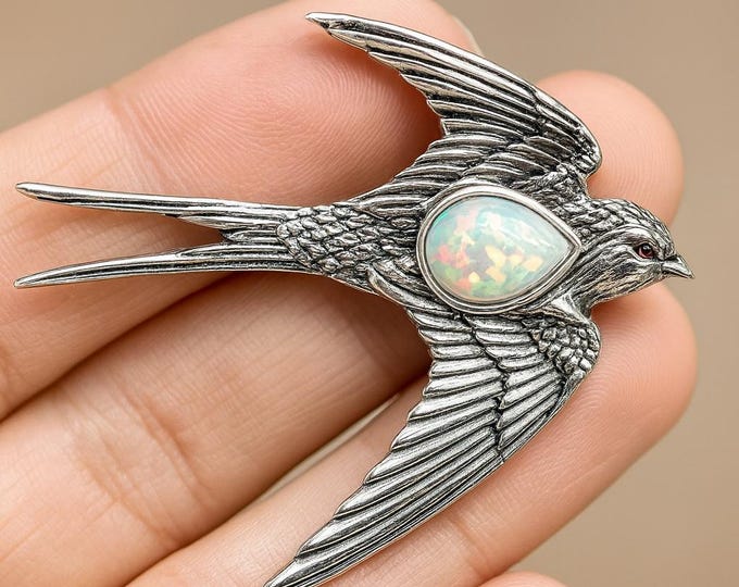Victorian Style Swallow Bird Pendant with White Gilson Opal and Ruby Stone 925 Sterling Silver